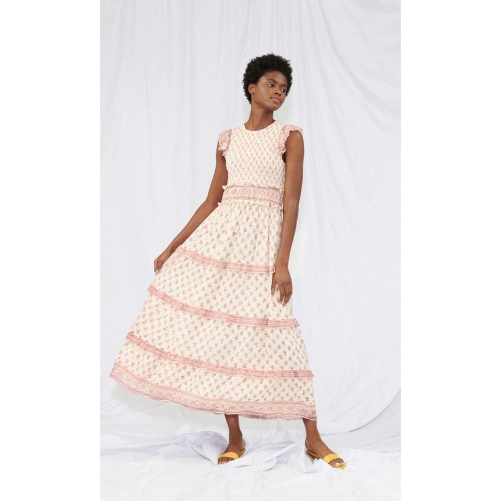 Saylor Hal‎ Dress Terracotta Floral Smocked Tiered Maxi NWT Womens M Block Print